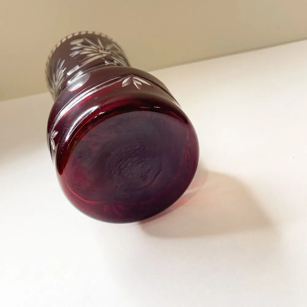 Vintage Bohemian Ruby Red Vase‎ Cut To Clear Crystal Etched Decorative Glassware